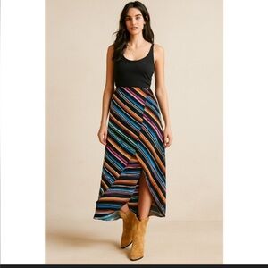 Double D Ranch Western Sarape Black Multi Stripe Faux Wrap Maxi Skirt Size M